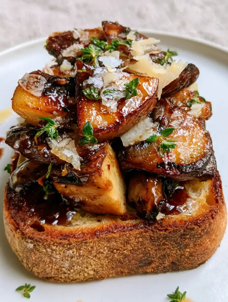 Side view of a thick slice of sourdough bread toasted golden brown and piled high with glistening mushrooms and parmesan shavings.