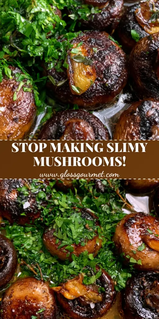 Extreme overhead close-up of seared cremini Garlic Mushrooms in a cast iron skillet with melted butter and fresh herbs.