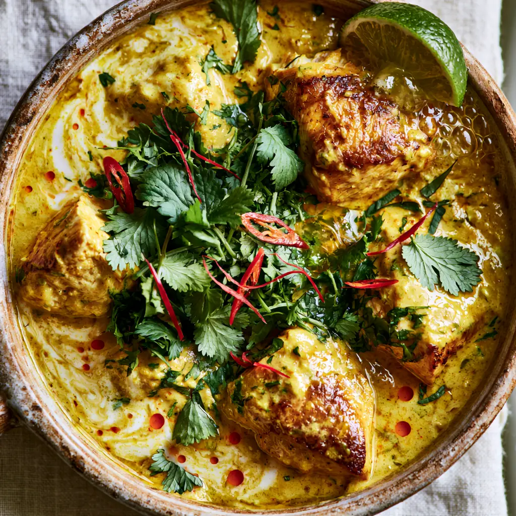 Shallow ceramic pot filled with Coconut Curry Chicken garnished with fresh cilantro and lime.