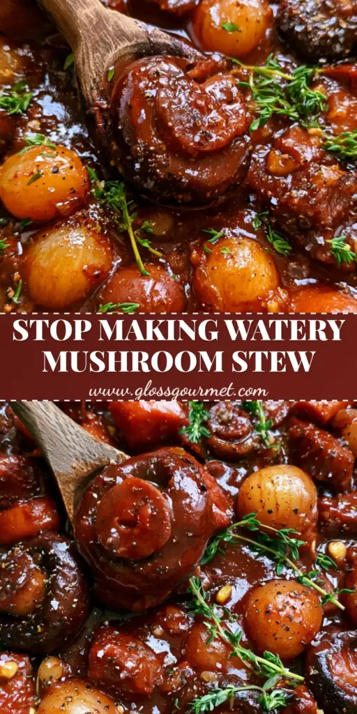 A close-up of a rustic black Dutch oven containing thick Vegan Mushroom Bourguignon with a glossy mahogany sauce and fresh thyme garnish.