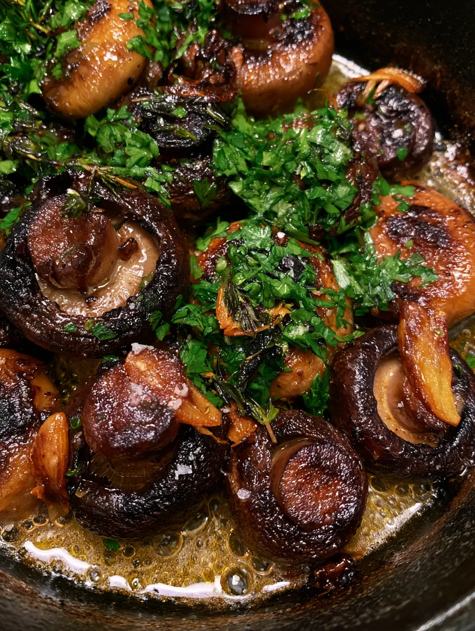 Macro shot of caramelized cremini Garlic Mushrooms showing charred edges and shimmering garlic butter bubbles.