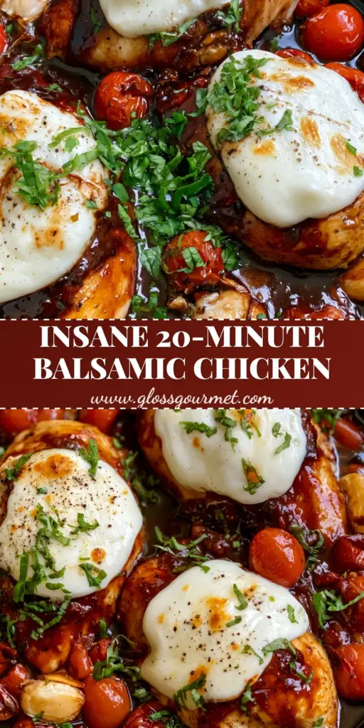 One Pan Balsamic Chicken with Melted Mozzarella and Blistered Tomatoes 4 A rustic black cast iron skillet featuring golden-seared chicken breasts coated in a thick mahogany balsamic glaze, topped with bubbling toasted mozzarella and blistered tomatoes. (One Pan Balsamic Chicken)