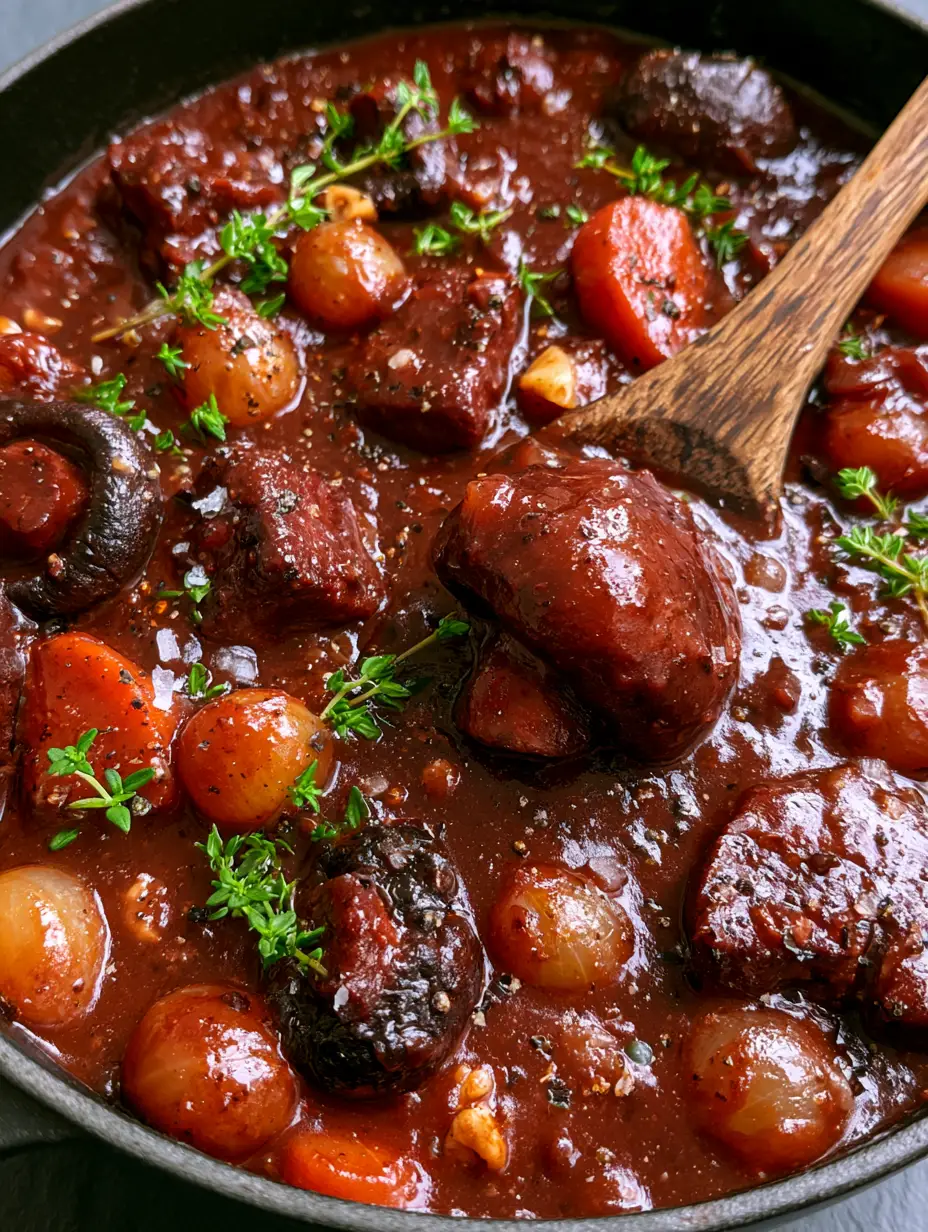 A top-down angled shot of a matte black Dutch oven filled with Vegan Mushroom Bourguignon showing seared cremini mushrooms and whole pearl onions. (Vegan Mushroom Bourguignon)