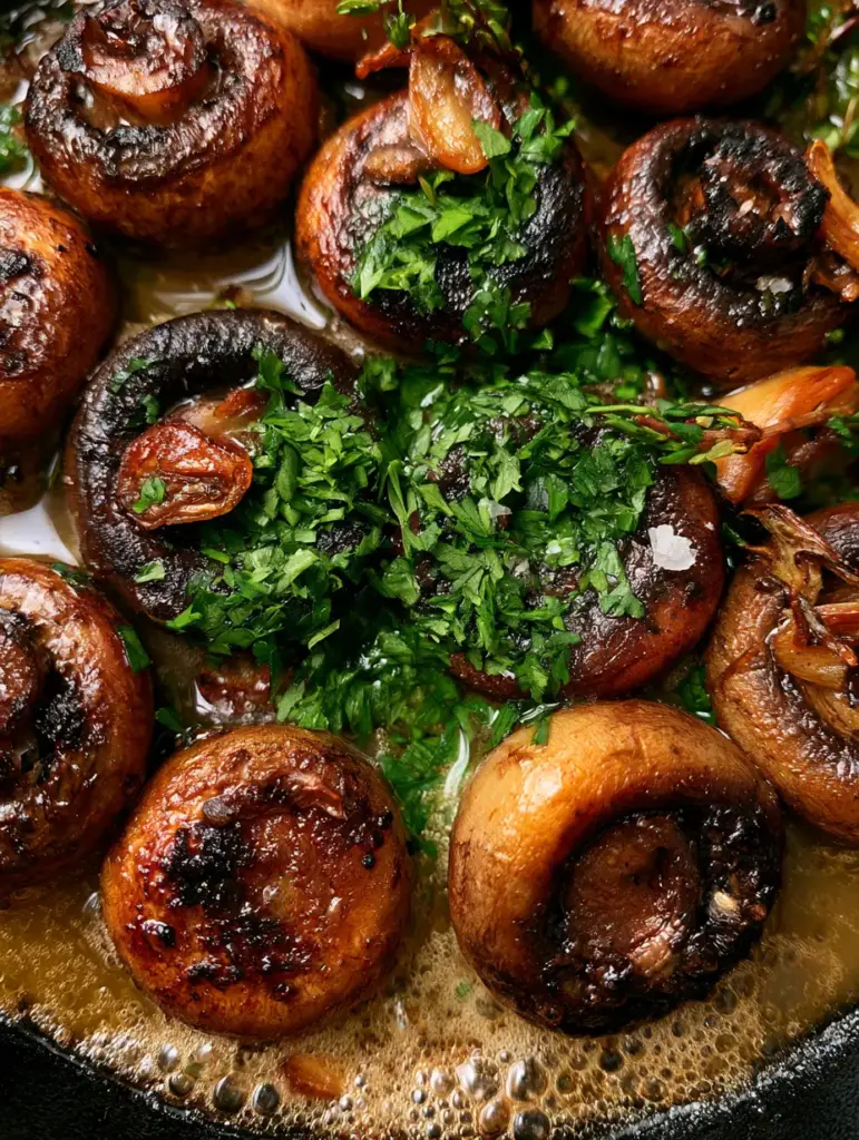 Overhead view of a cast iron skillet filled with Garlic Mushrooms, garnished with fresh thyme and parsley.