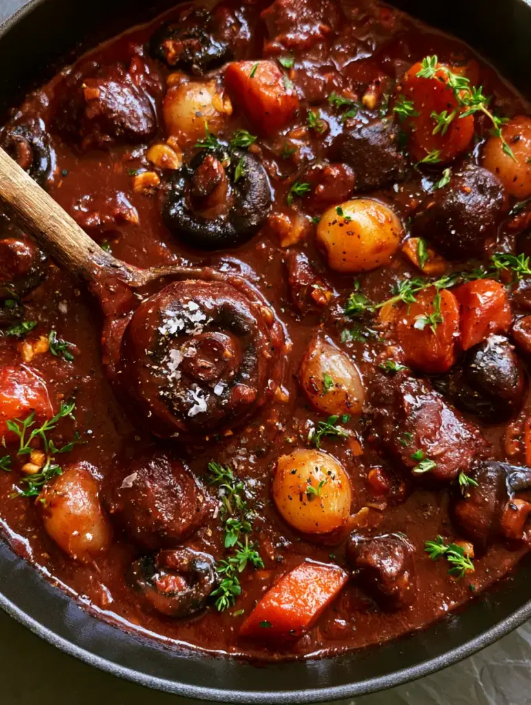 Detailed view of seared mushrooms and thick red wine reduction sauce with fresh green thyme sprigs and cracked pepper. (Vegan Mushroom Bourguignon)