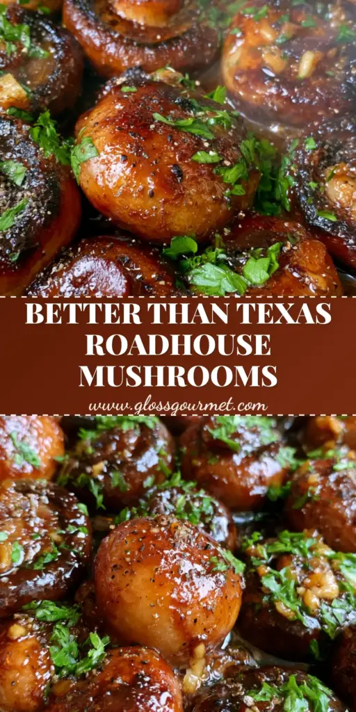 A close-up shot of whole seared button mushrooms in a glossy mahogany butter and soy sauce glaze within a cast iron skillet. (Texas Roadhouse mushroom recipe)